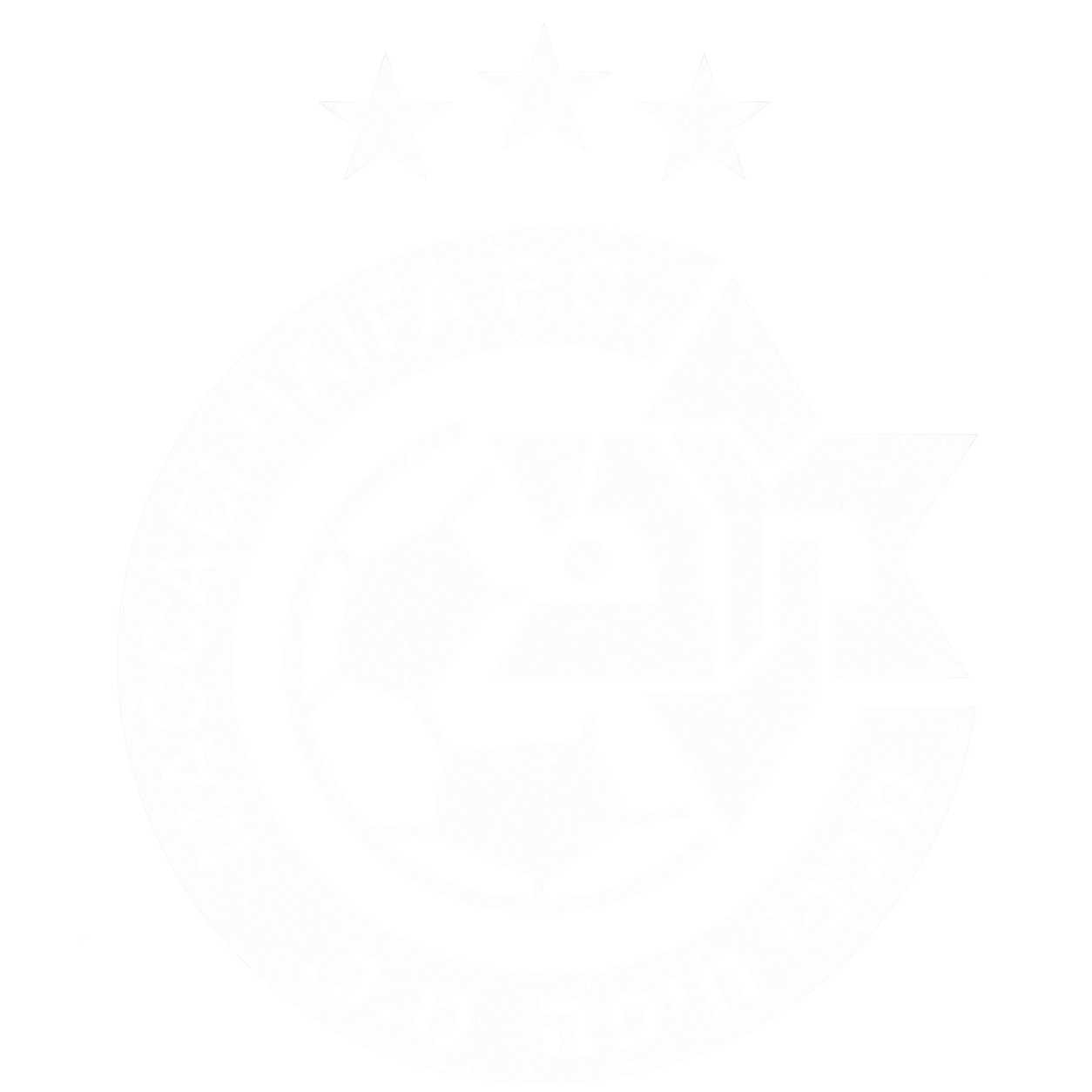 Macabi Haifa football club logo featuring a stylized soccer ball combined with a Magen David star and three stars above the emblem.