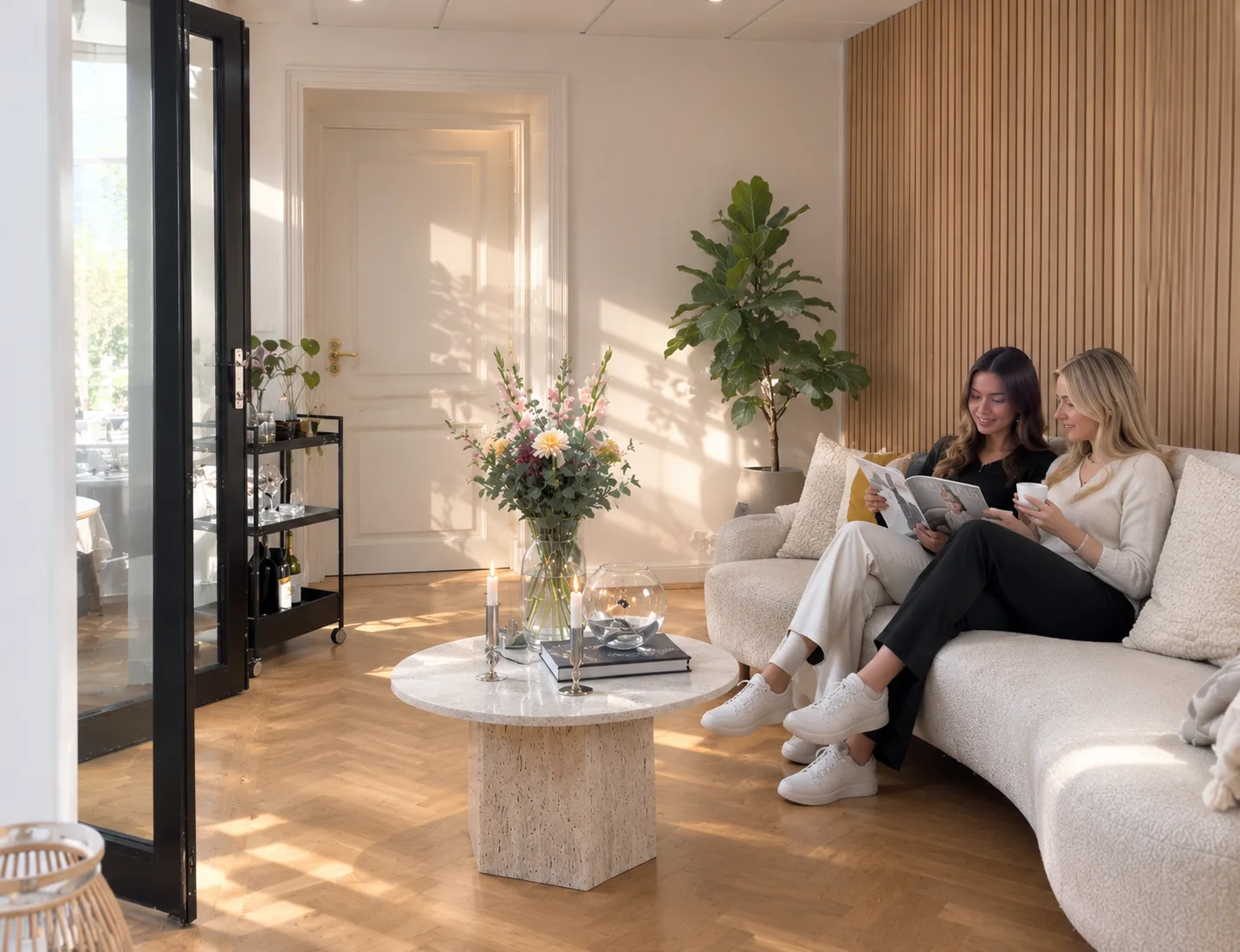 Klinikens väntrum på Nybrogatan med två personer i soffan