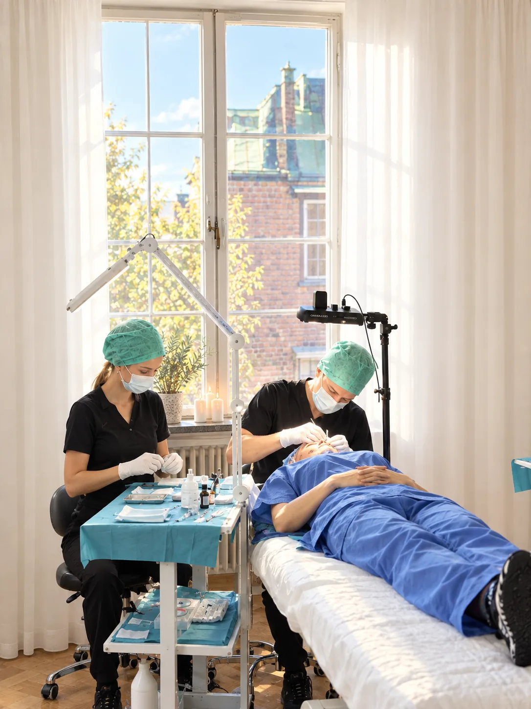 Behandlare och assisterande vårdteam med en patient i behandlingsrummet