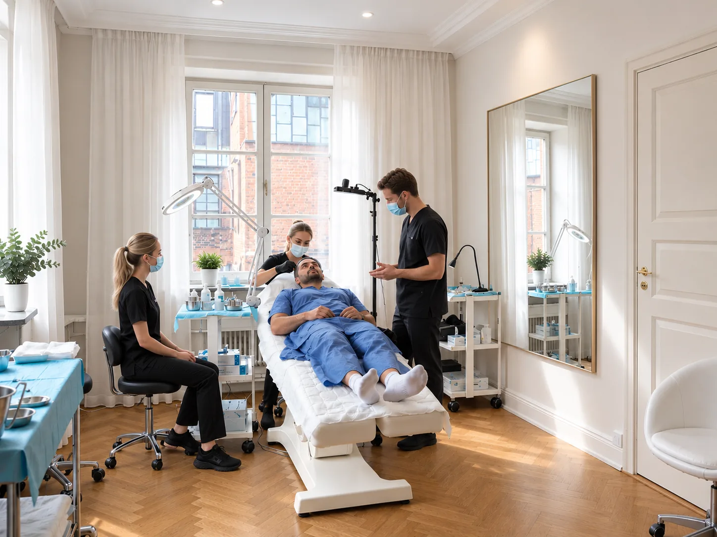 Behandlare och vårdteam med en patient på britsen i klinikens behandlingsrum