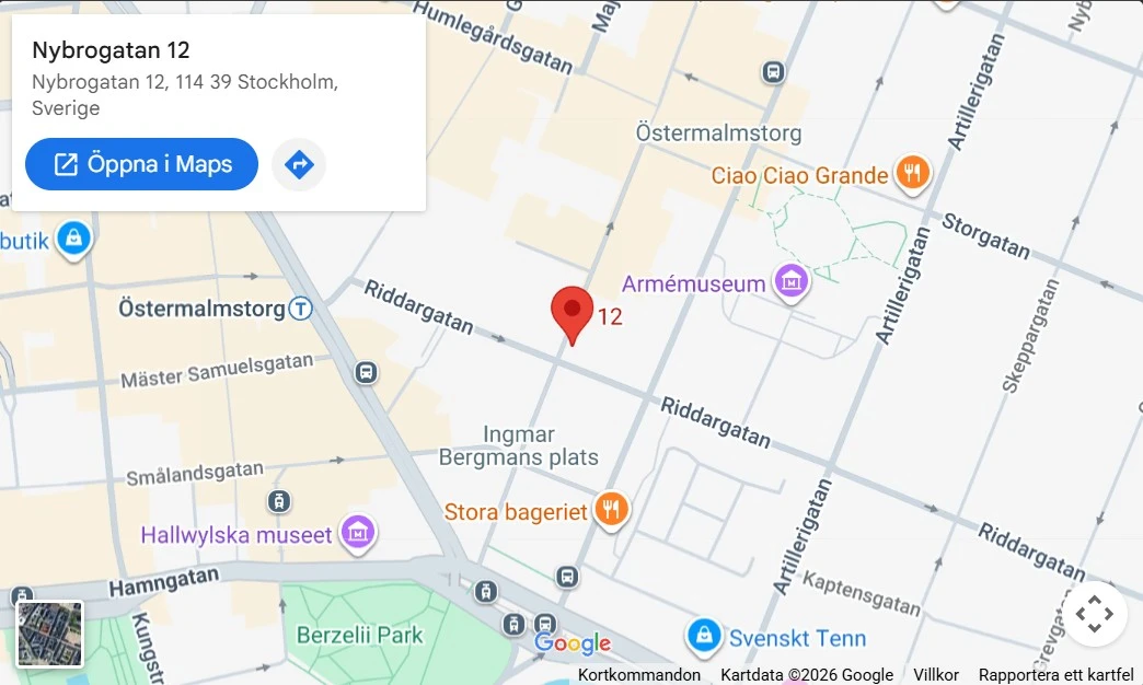 Karta över området runt Nybrogatan 12 i Stockholm
