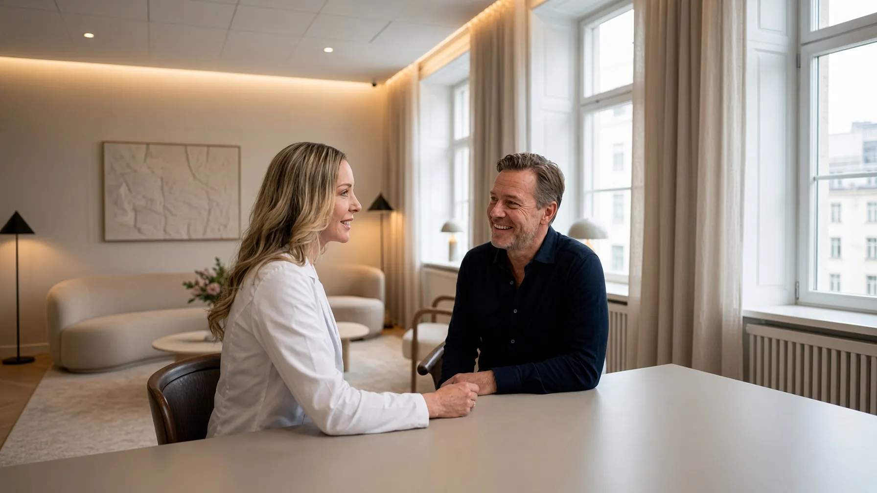 Läkare i samtal med patient under en konsultation hos Hair Transplant Academy i Stockholm