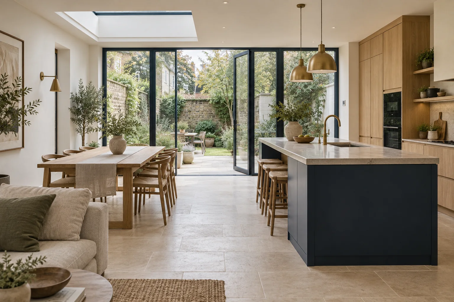 Illustrative London home refurbishment concept with oak cabinetry, a stone island and garden glazing