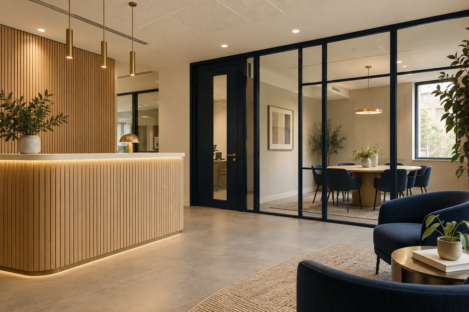 Illustrative office reception with oak joinery, navy seating and pale stone finishes