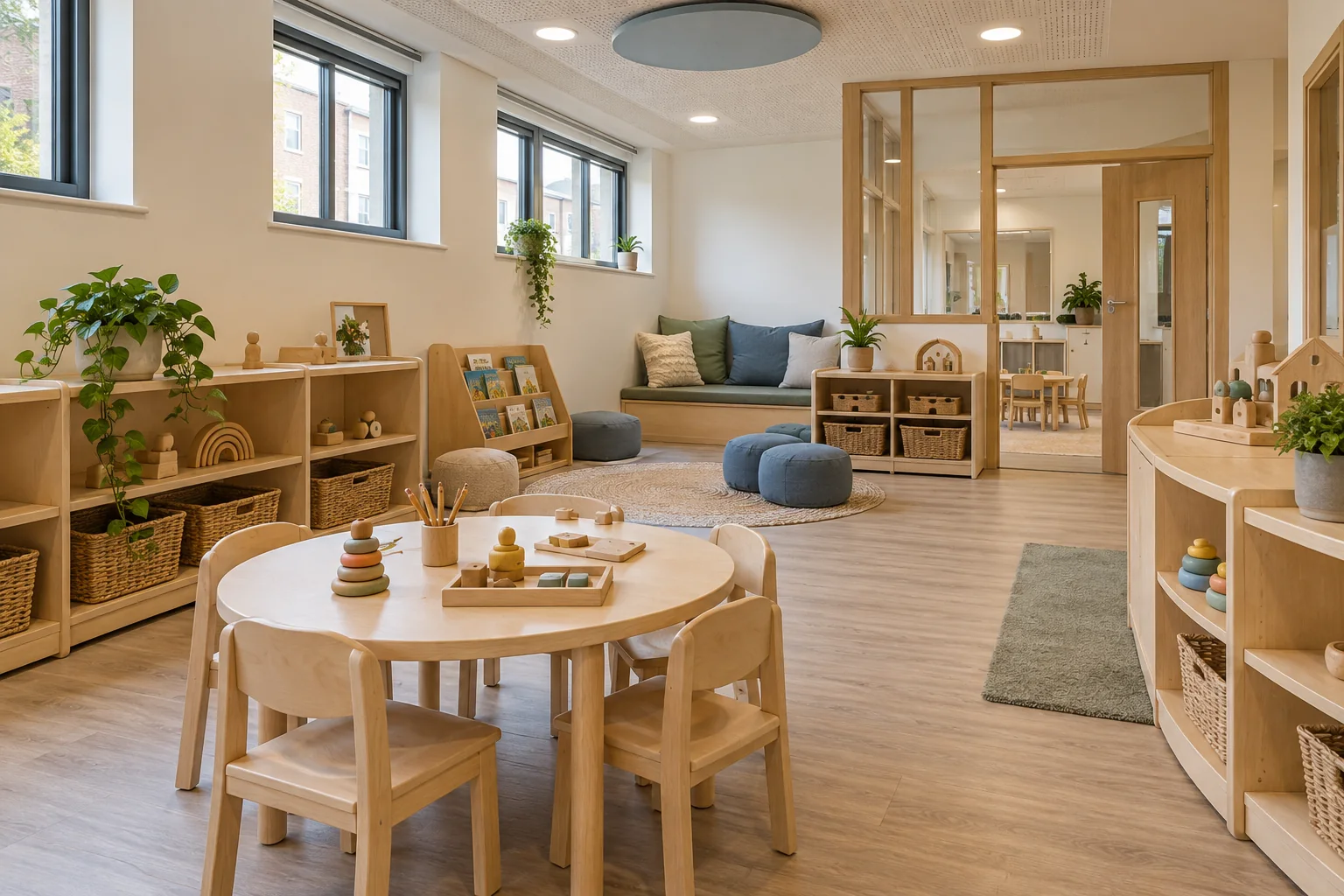 Illustrative nursery refurbishment concept with natural timber furniture and bright play areas