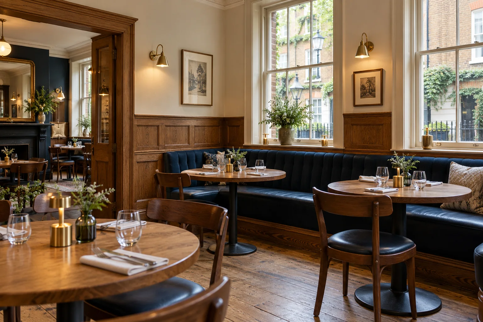Illustrative pub refurbishment concept with navy joinery, upholstered seating and warm lighting