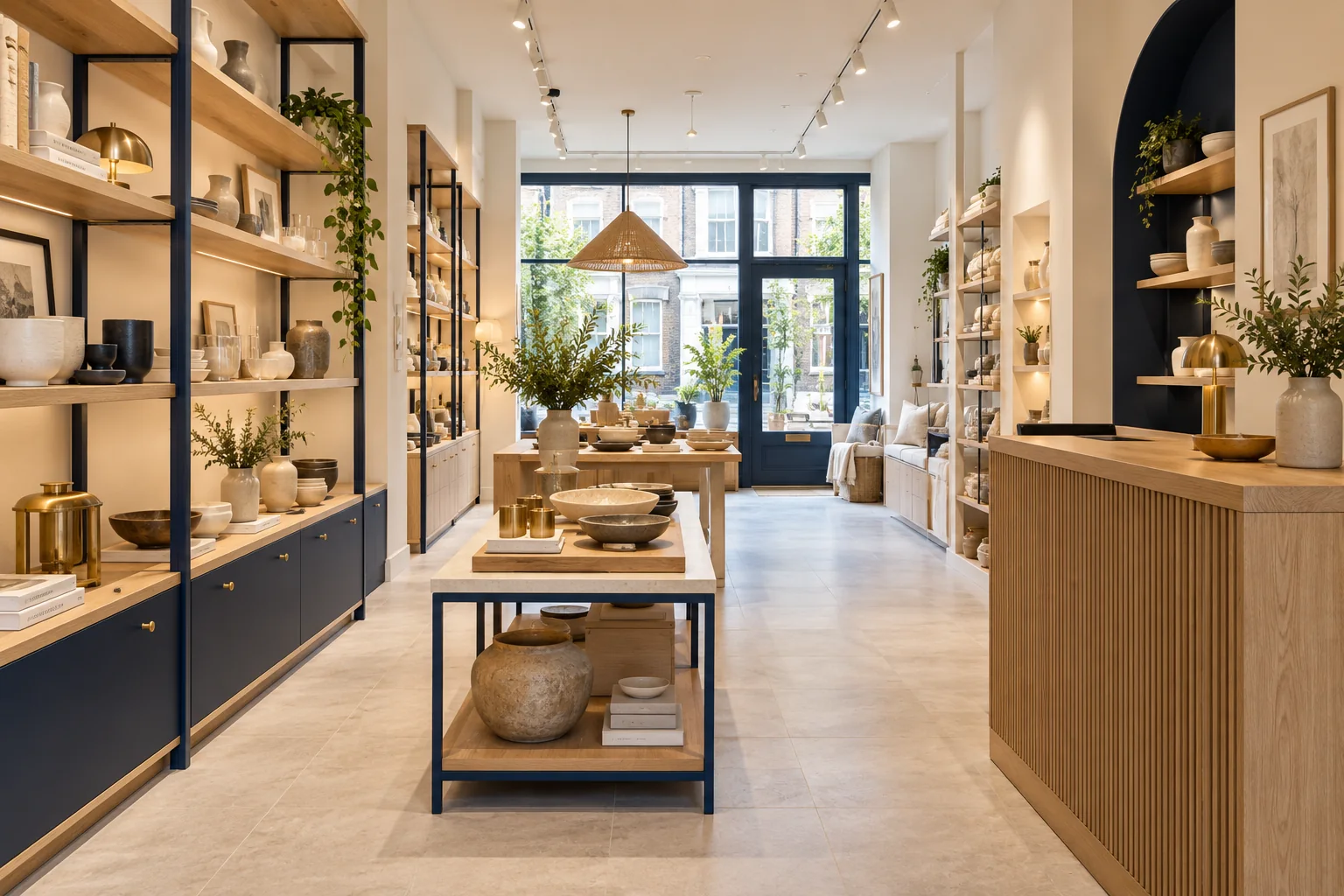 Illustrative retail fit-out concept with oak display furniture and a neutral shop interior