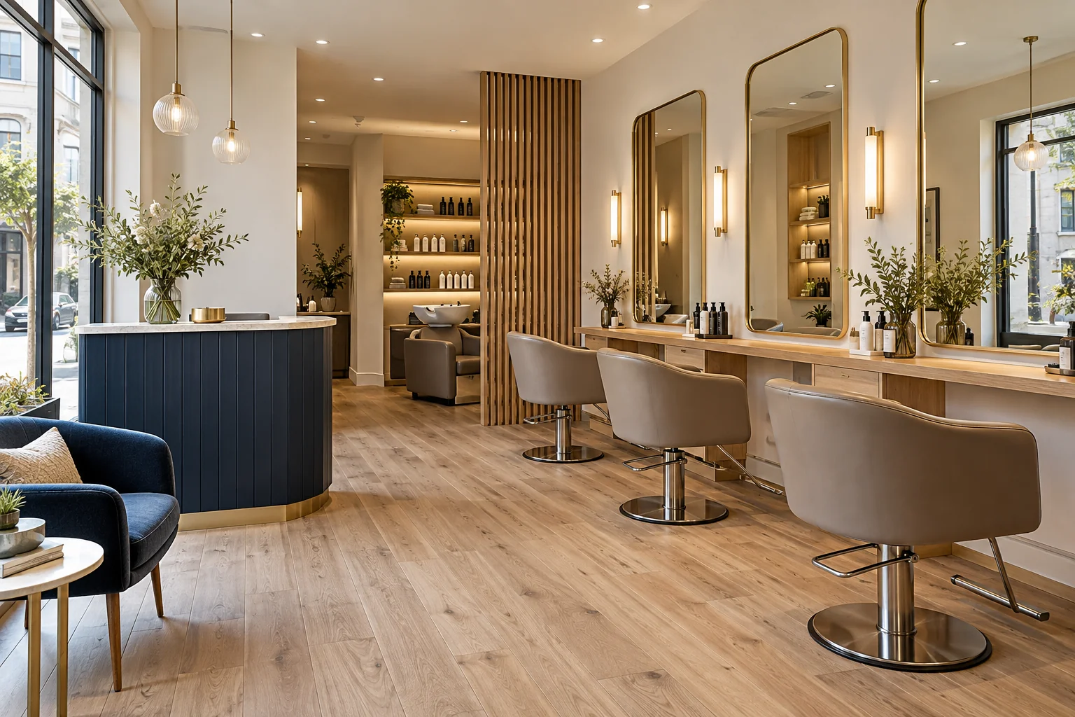 Illustrative salon interior with oak workstations, taupe chairs and a navy reception desk