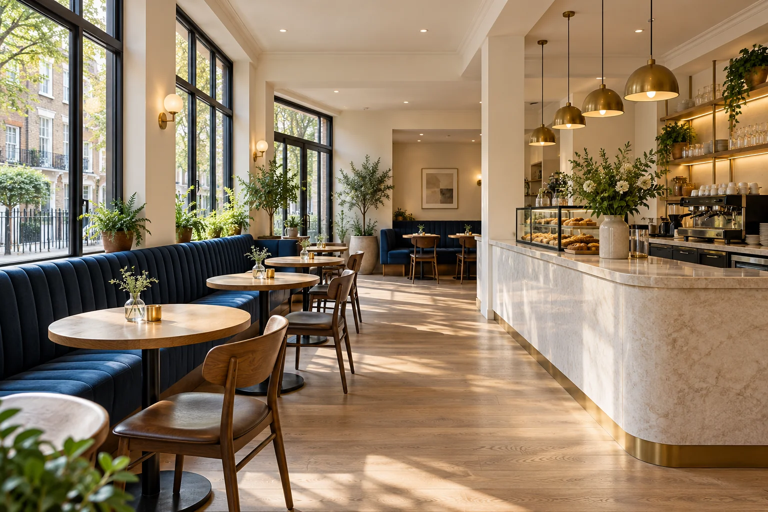 Illustrative café refurbishment concept with navy seating, oak tables and a pale stone counter