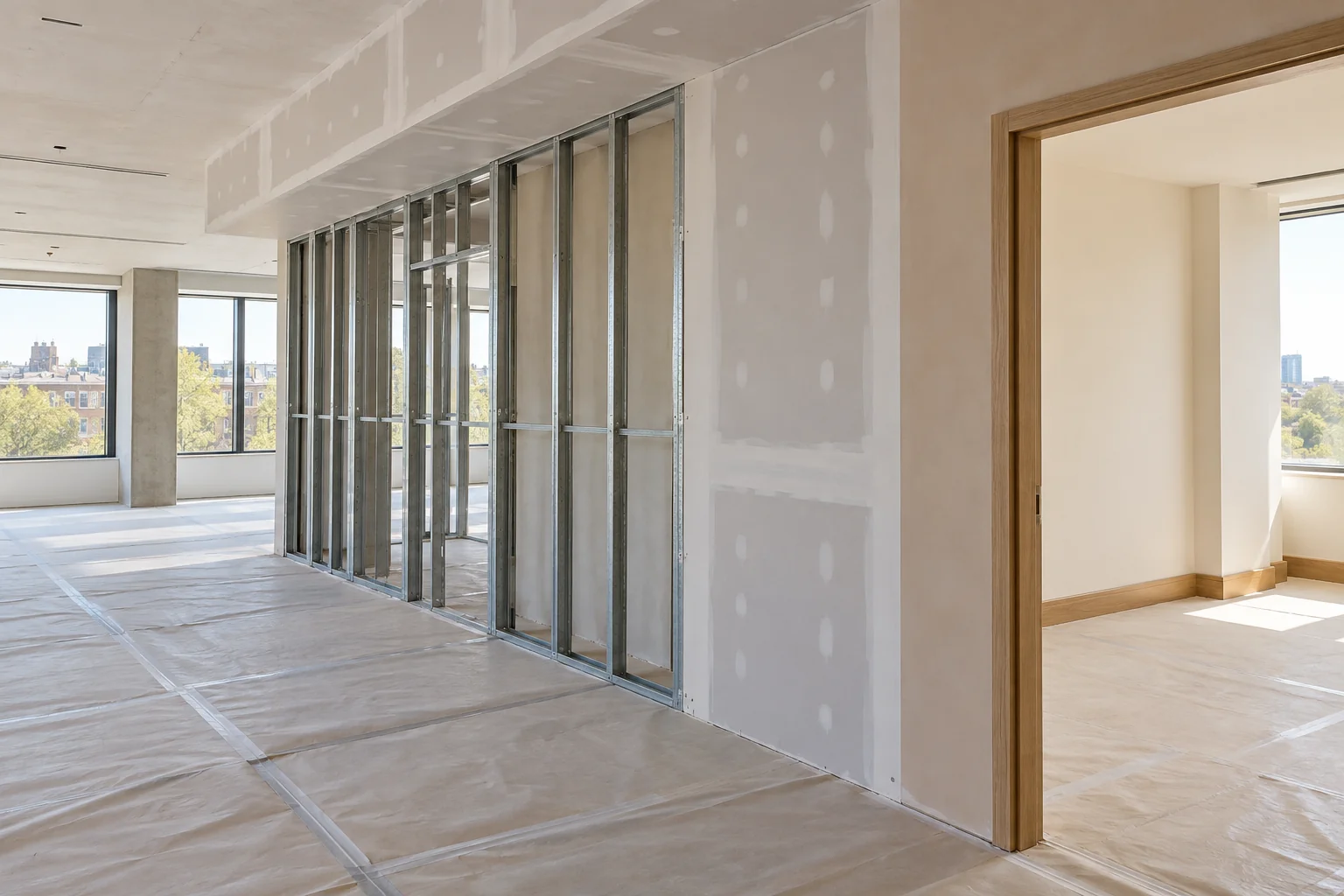 Illustrative interior works concept showing metal-stud partitions, plasterboard and a ceiling bulkhead