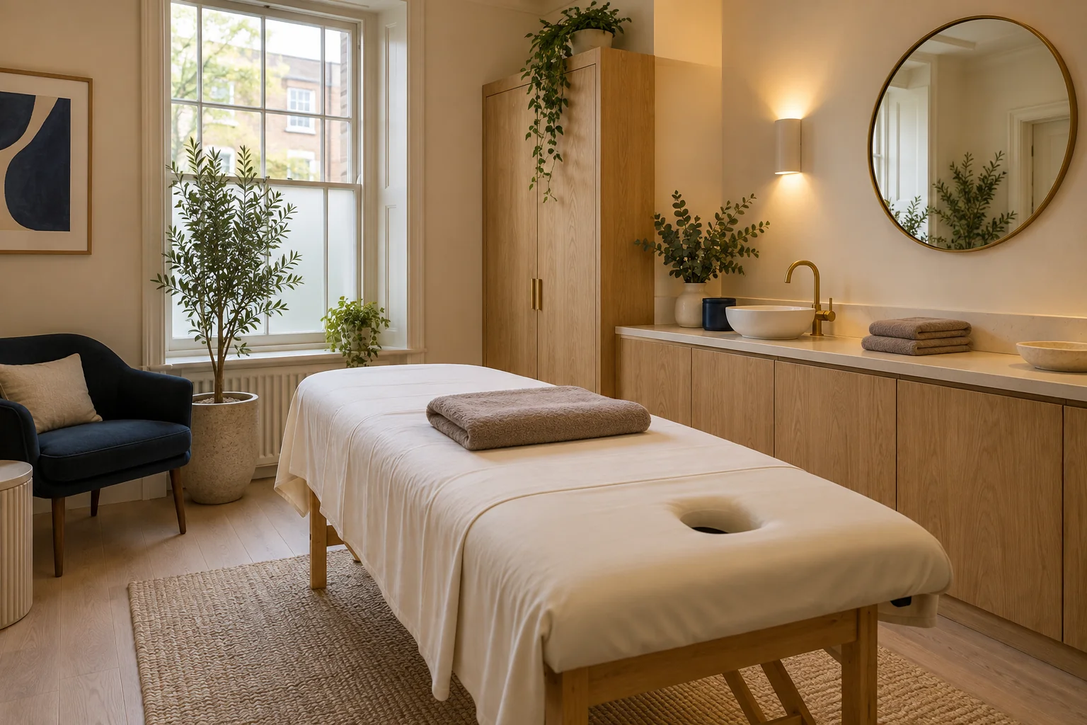 Illustrative massage and wellness room with a treatment table, oak storage and warm neutral finishes