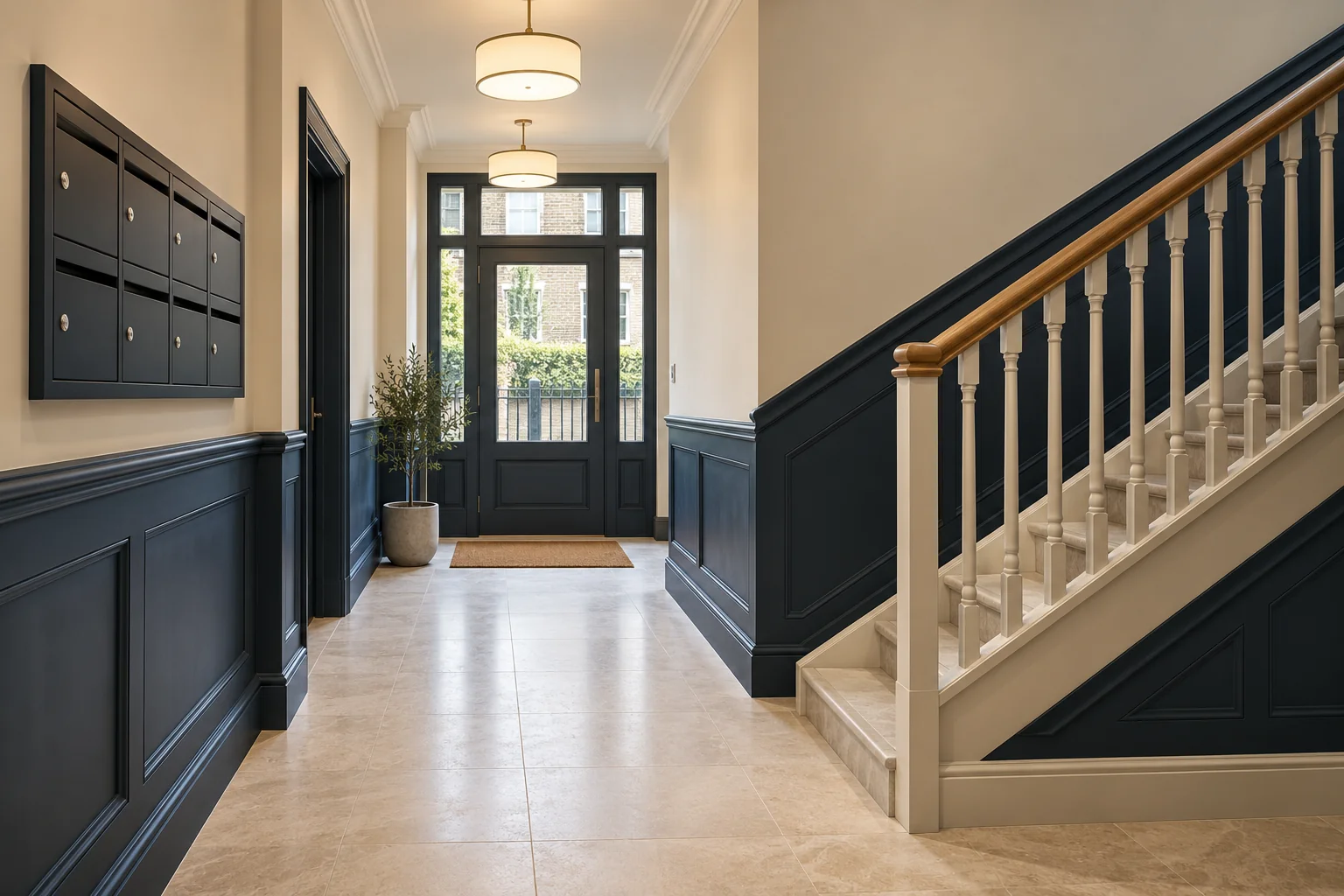 Illustrative communal entrance hall with navy panelling, an oak handrail and durable floor finishes