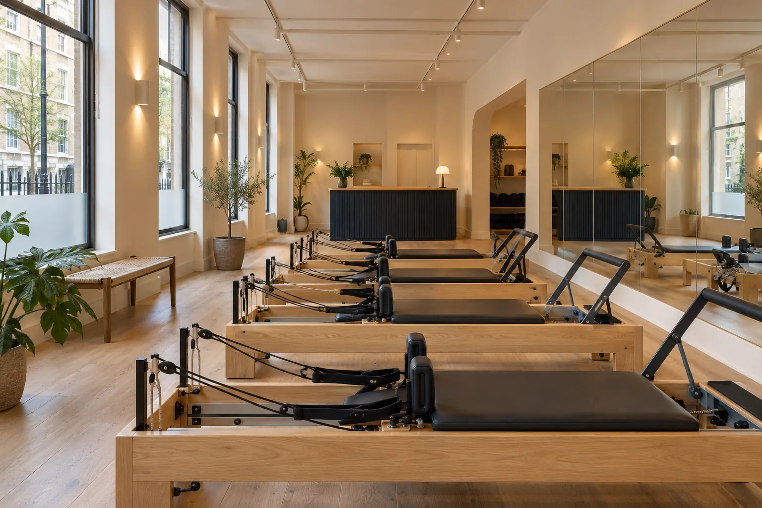 Illustrative Pilates studio with oak reformer machines, mirrors and a navy reception desk