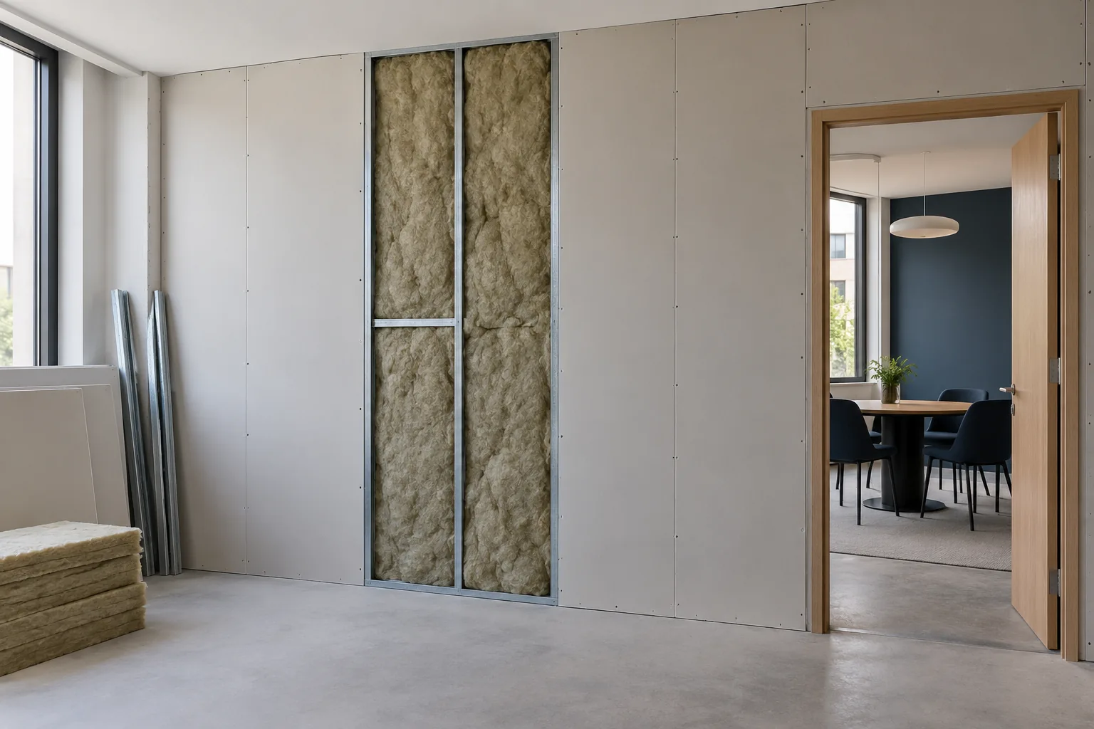 Illustrative acoustic partition installation with metal framing, mineral-wool insulation and plasterboard