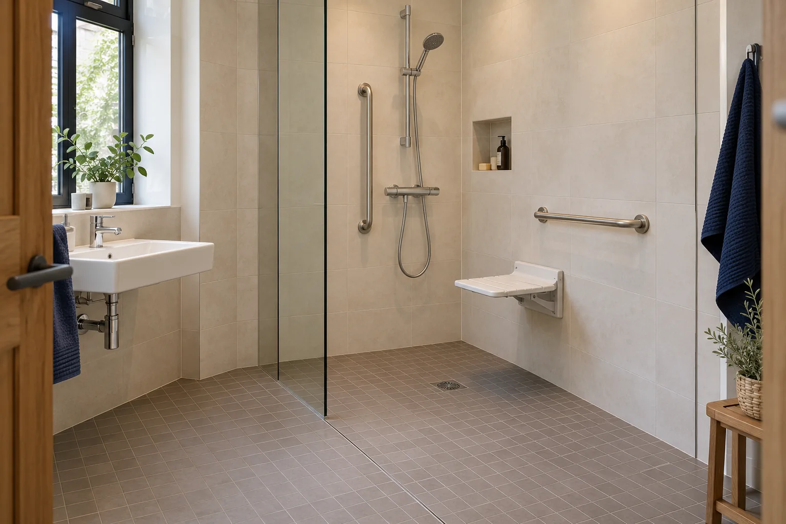 Illustrative accessible wet room with a level shower floor, wall-mounted seat and grab rails
