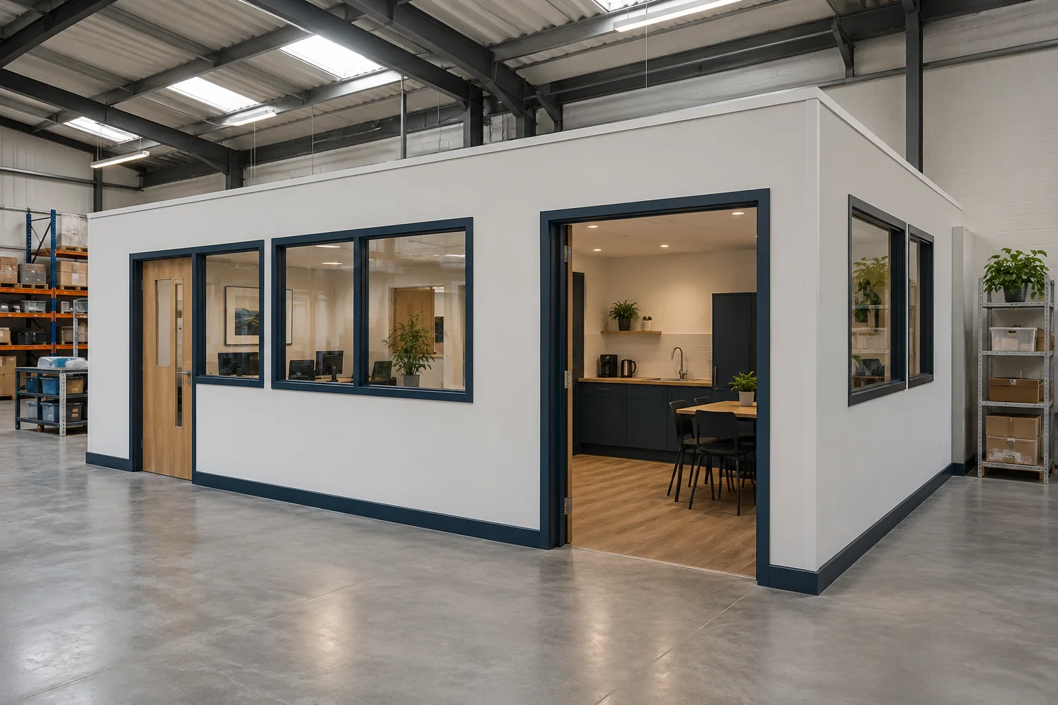 Illustrative warehouse interior with an enclosed office and staff kitchenette