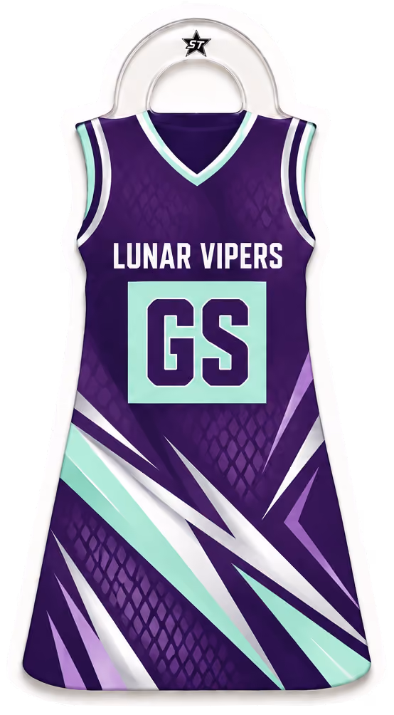 A Lunar Vipers netball dress bag tag with a GS bib