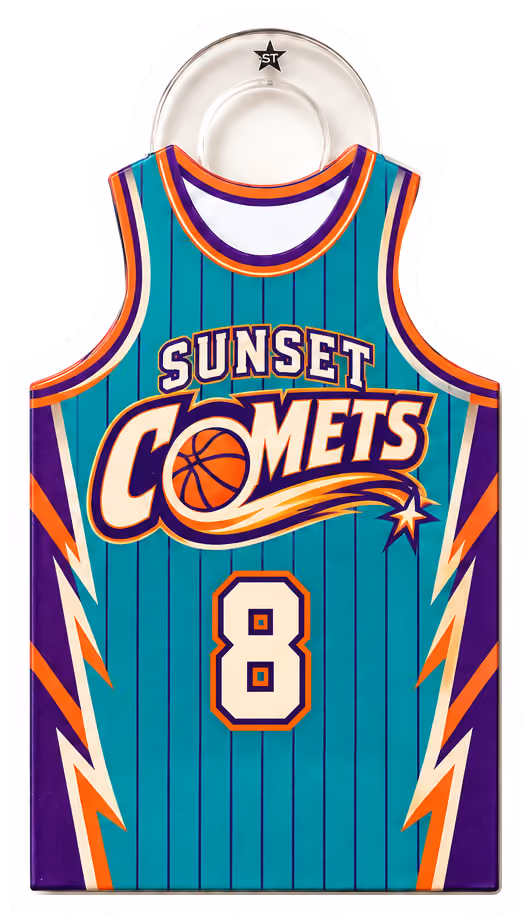 A Sunset Comets basketball singlet bag tag, number 8