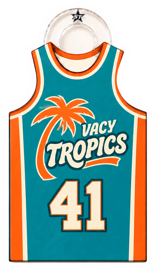 A Vacy Tropics basketball singlet bag tag, number 41