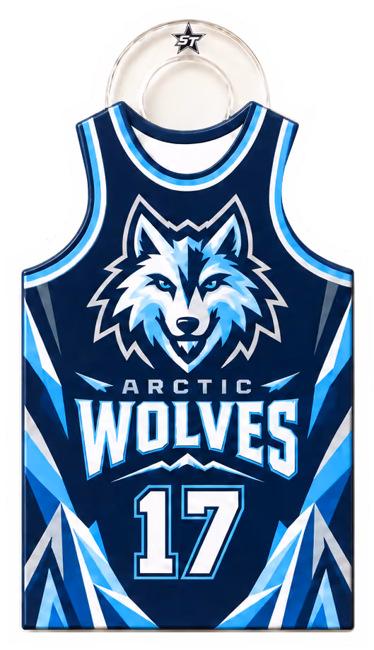 Four matching Arctic Wolves basketball singlet bag tags, number 17