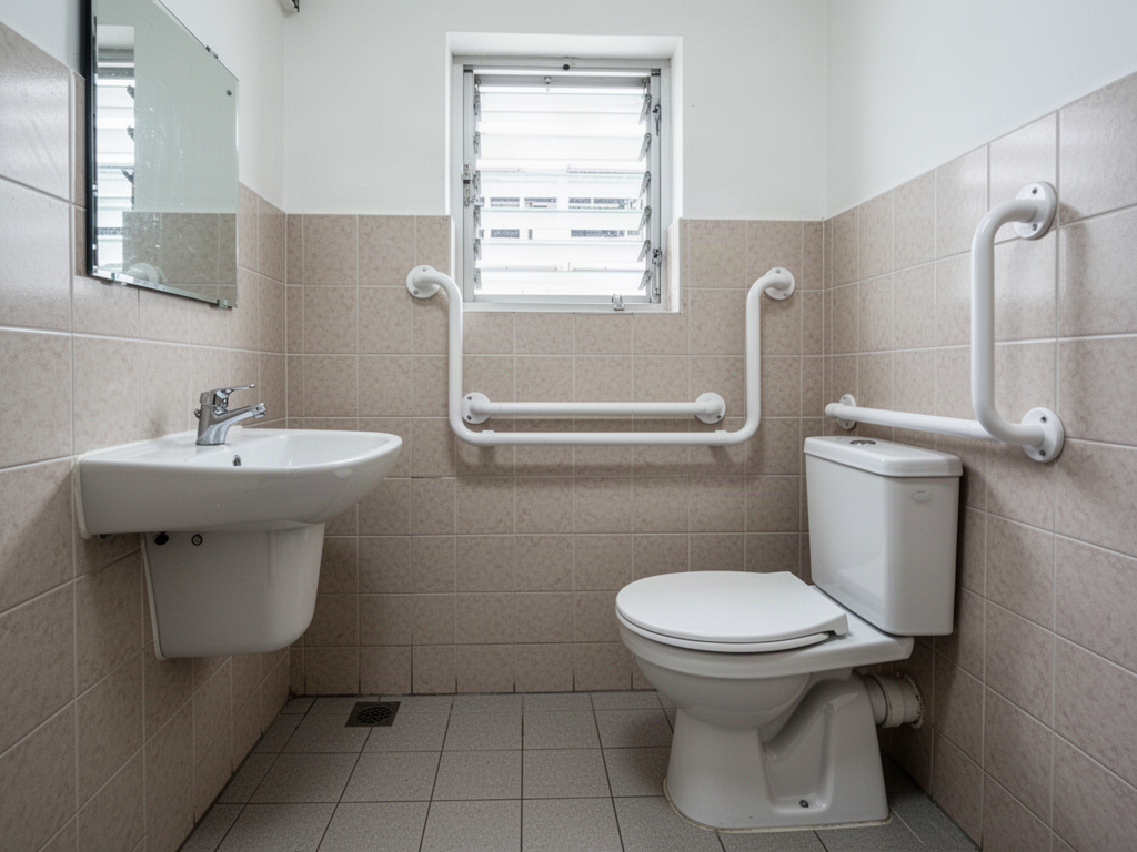 HDB toilet with white grab bars beside the toilet bowl for senior-friendly use