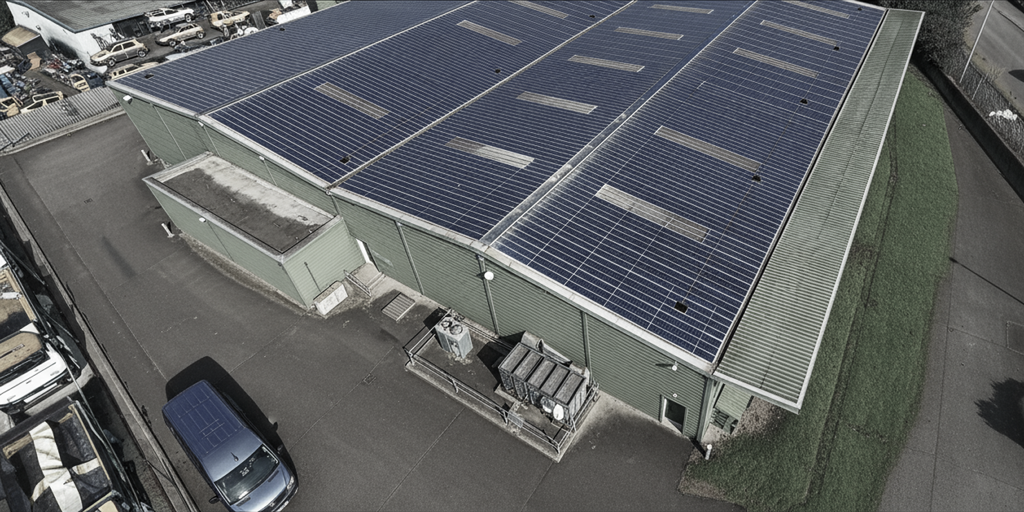 Aerial view of an industrial building roof covered in solar panels