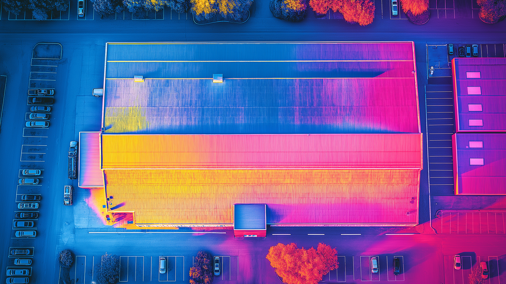 Overhead thermal image of a commercial warehouse roof and parking lot