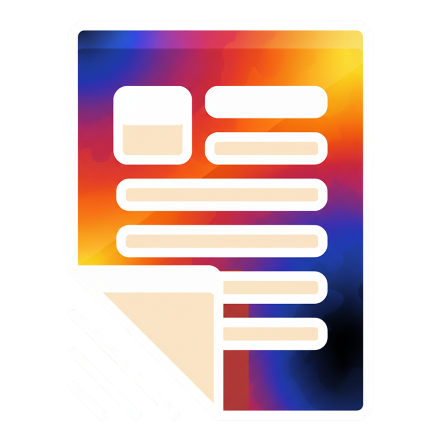 Icon of a stylized document with text lines and a folded corner, against a colorful gradient background.