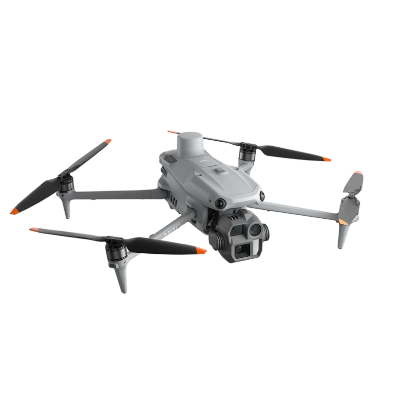 Gray quadcopter drone with black and orange-tipped propellers and a camera mounted on the front.