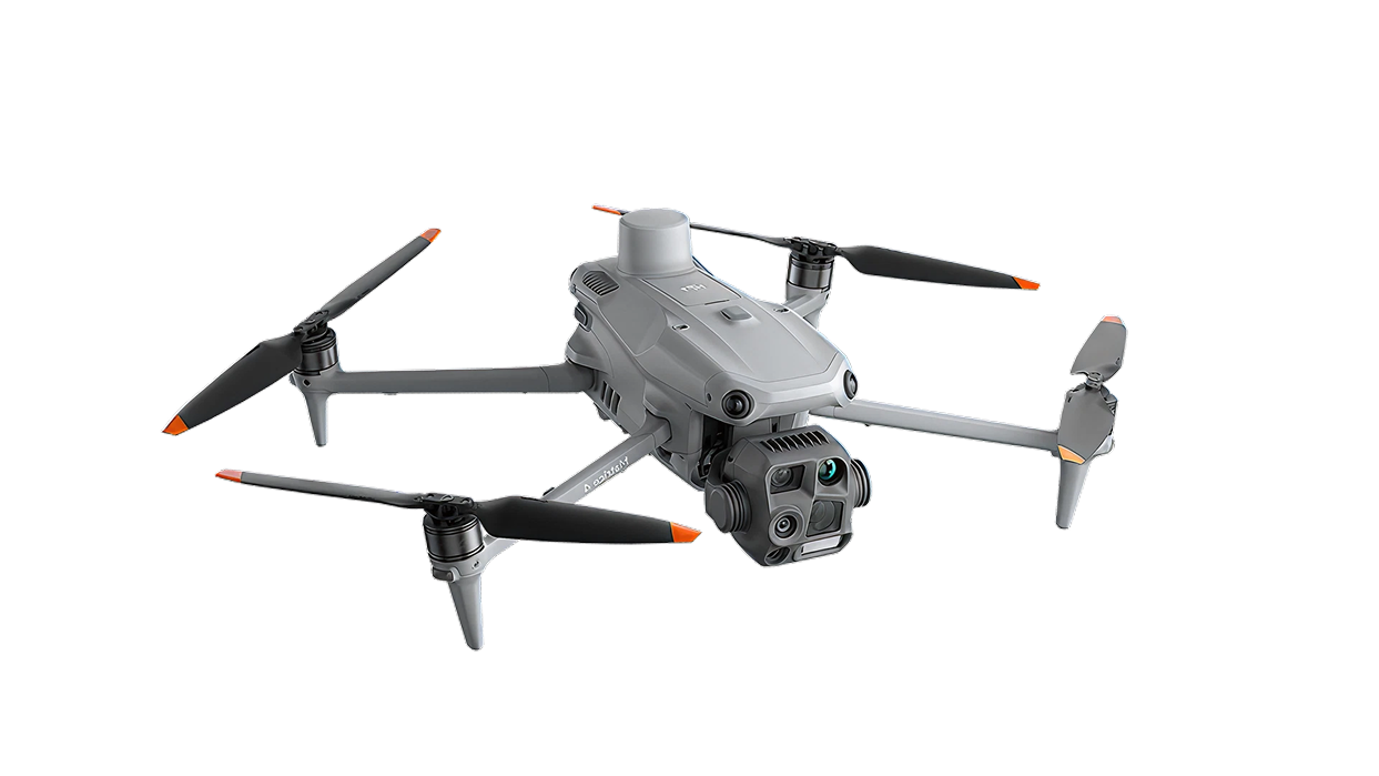 Gray quadcopter drone with four propellers and a multi-lens camera mounted on the front.