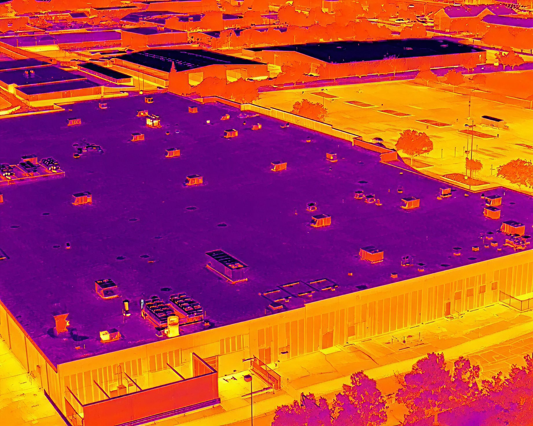 Thermal aerial image of a large commercial roof with HVAC units and heat patterns
