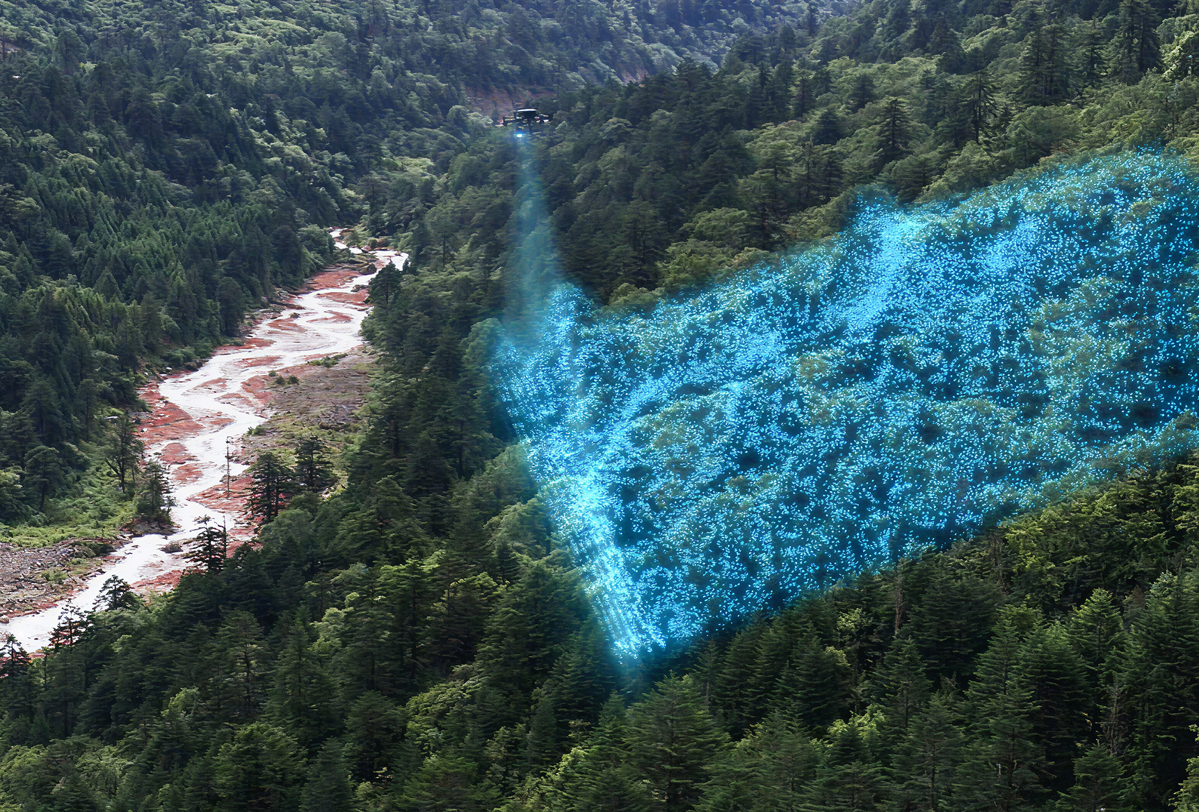 Drone scanning a forested valley with a projected LiDAR grid.