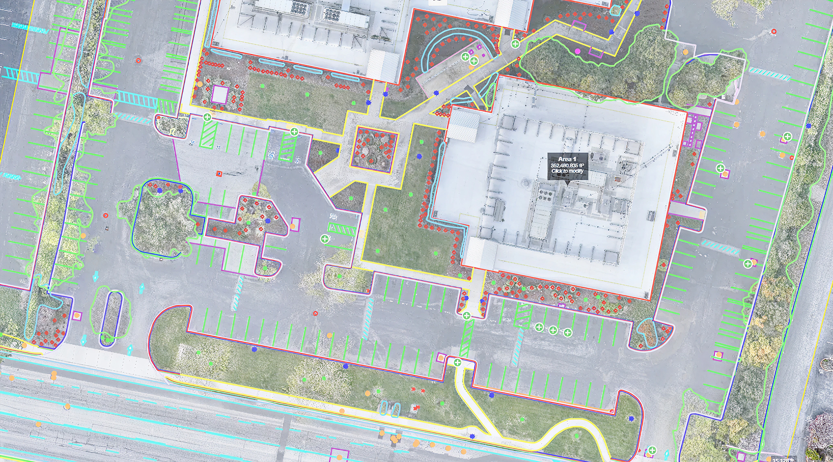 Drone map of a finished commercial building with site plan linework overlaid to check the as-built layout.
