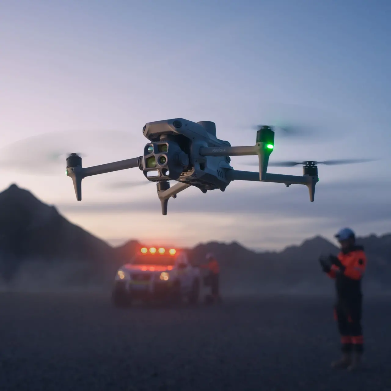 Drone hovering at dusk above an emergency response crew and vehicle.