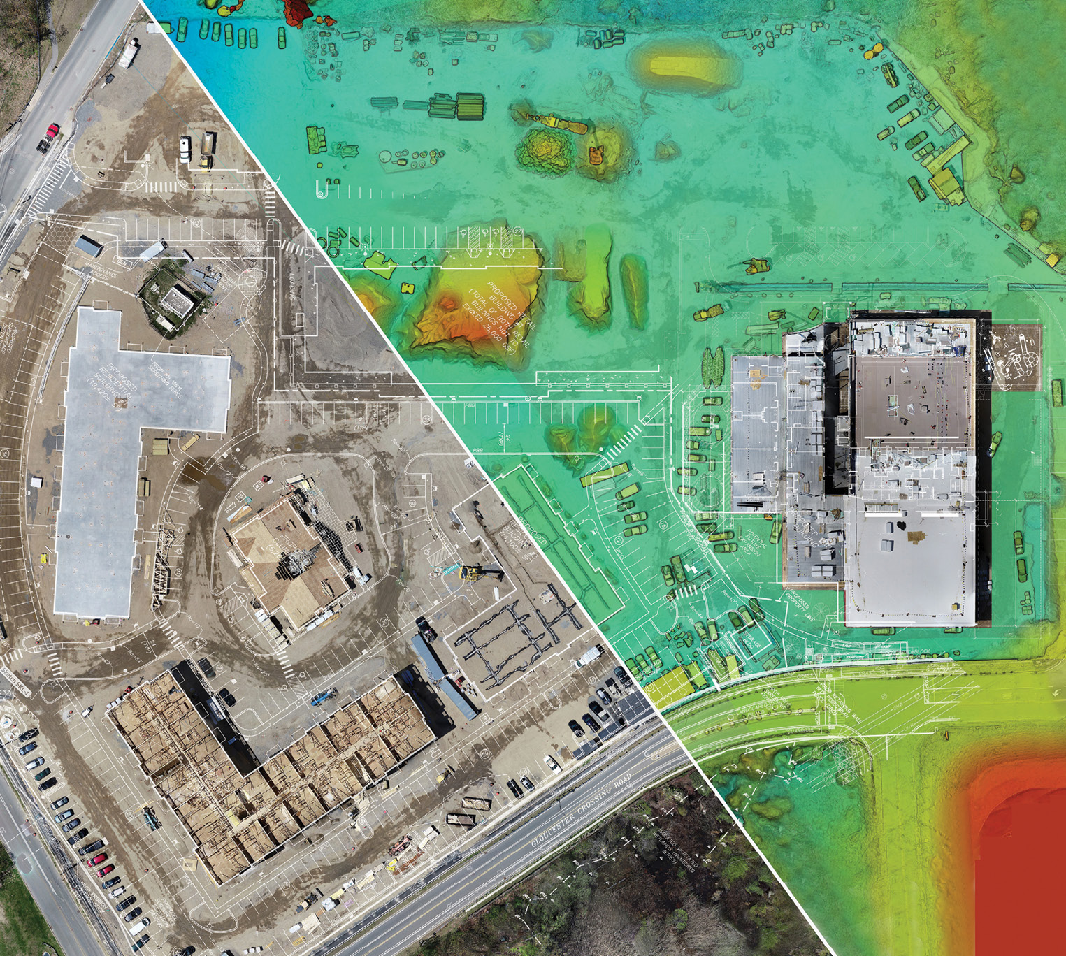 Construction site from above, split diagonally between a drone photo and a color-coded elevation map.
