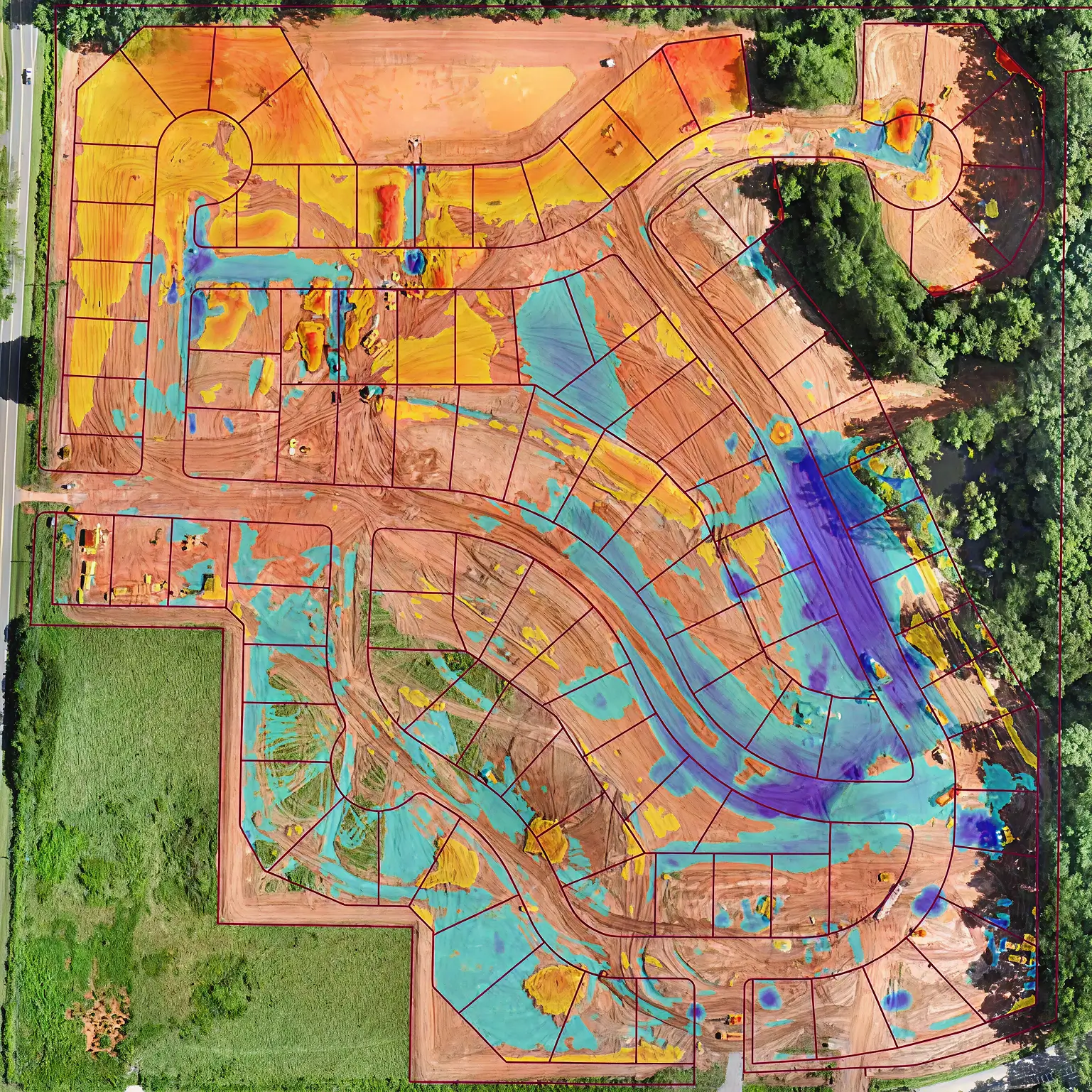 Aerial construction site map with marked plots and grading colors