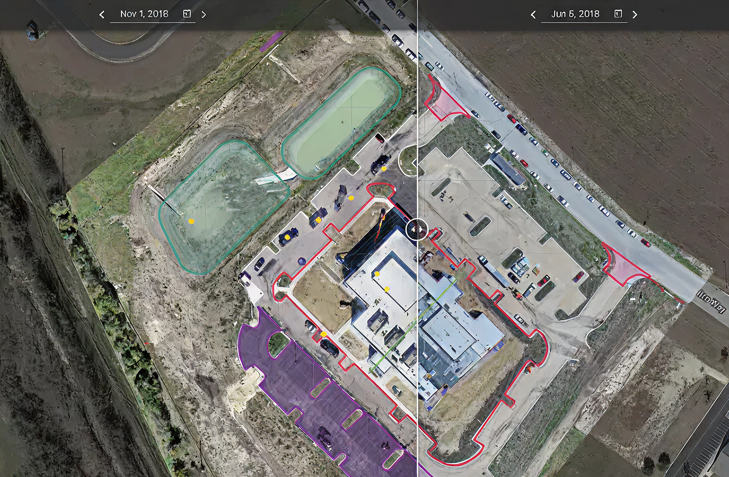 Split aerial map comparing the same construction site on two dates