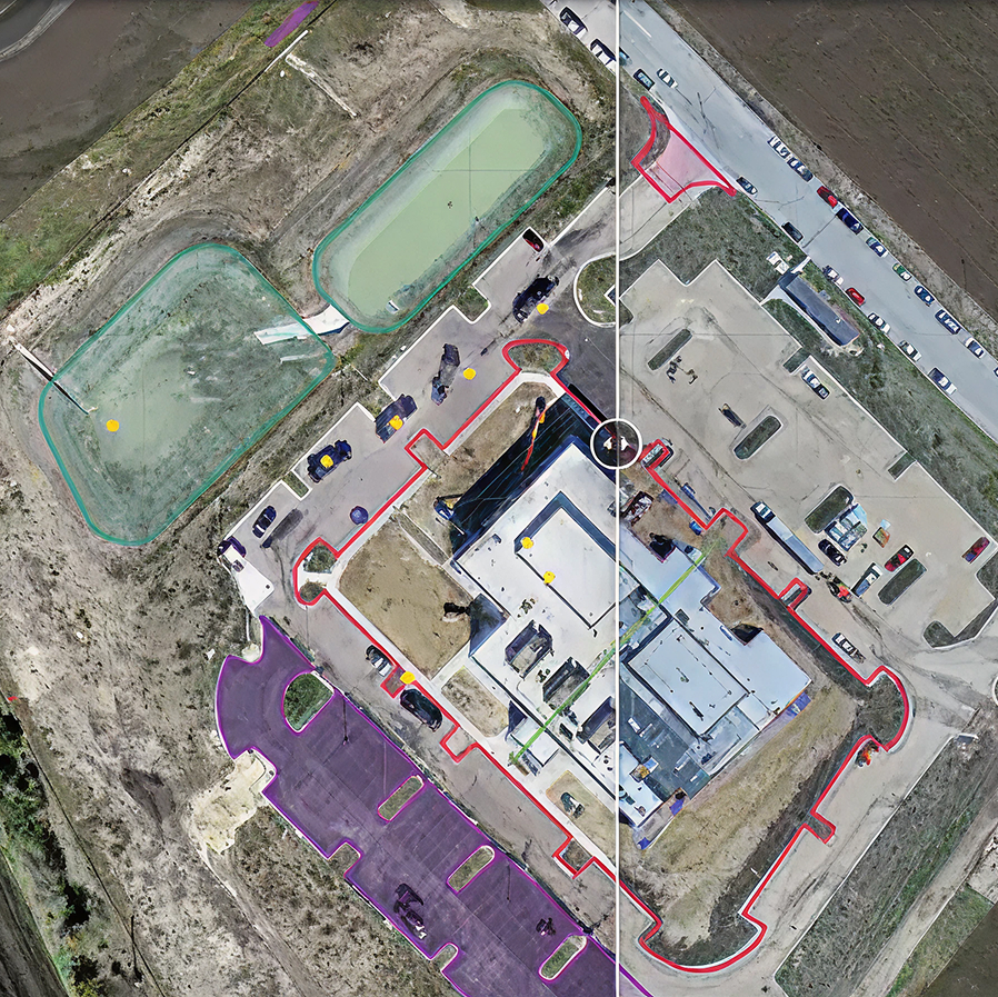 Split-screen drone map comparing the same construction site on two dates, with building and parking outlines.