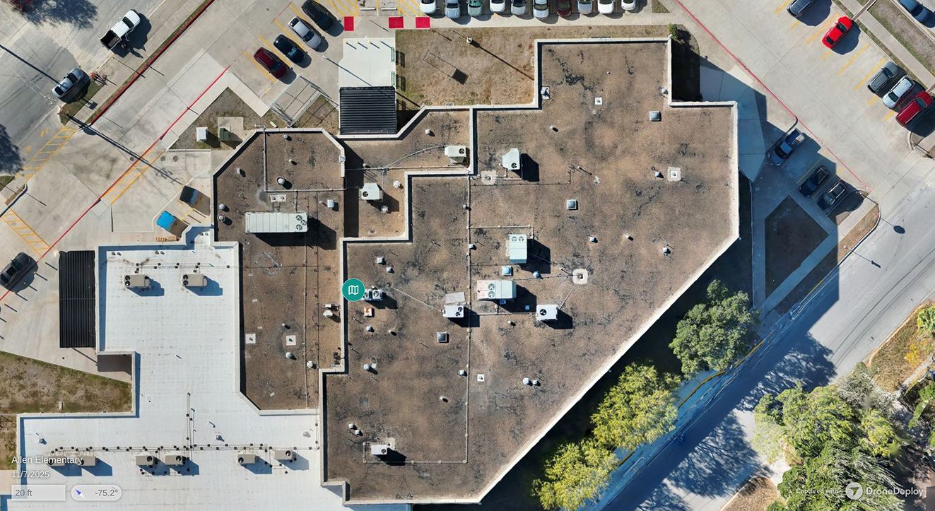 Aerial view of a flat commercial roof for condition documentation
