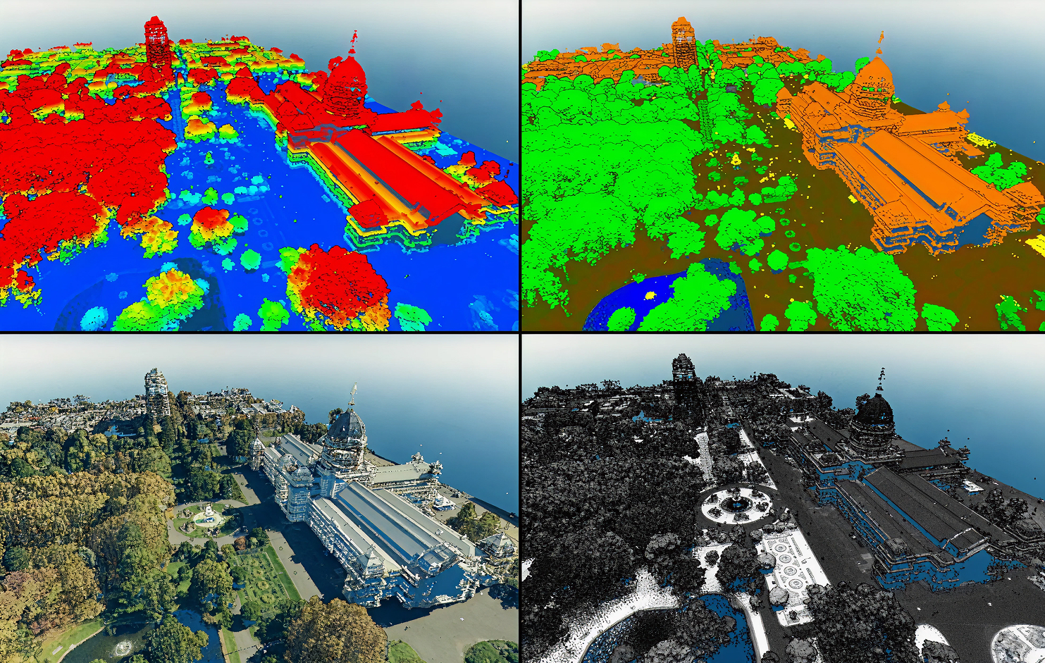 Classified LiDAR point cloud and 3D mesh of a campus in four views