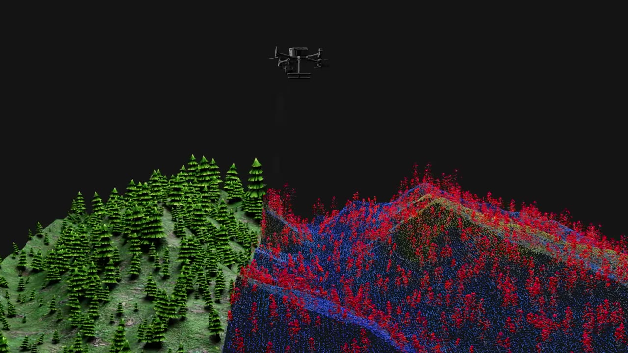 Drone LiDAR scan turning a forested hillside into a colored point cloud