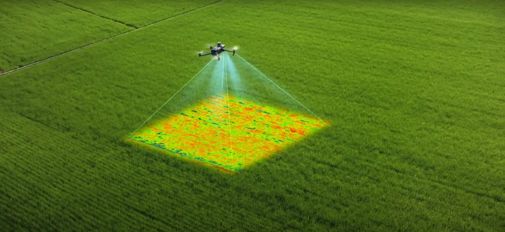Drone scanning a green crop field with a crop health overlay