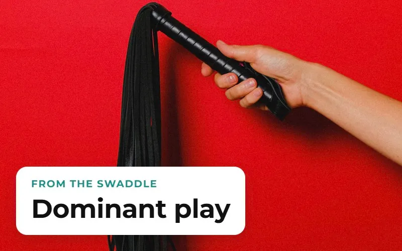 A hand holding a black leather flogger against a red background