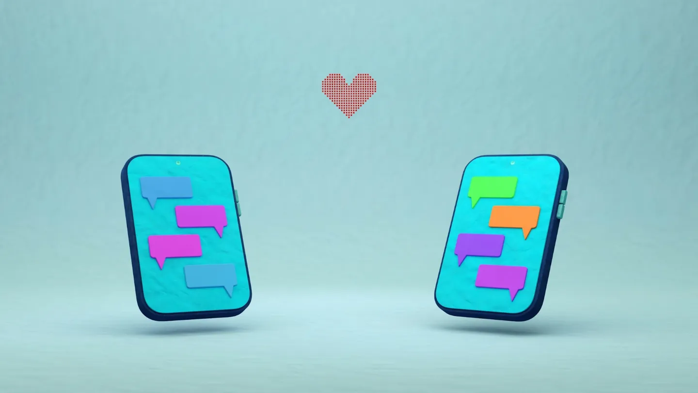 Illustration of two phones with chat bubbles and a heart
