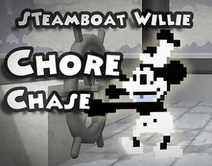Black and white pixelated character resembling early animation style near a large ship wheel with text 'Steamboat Willie Chore Chase' in bold stylized letters.