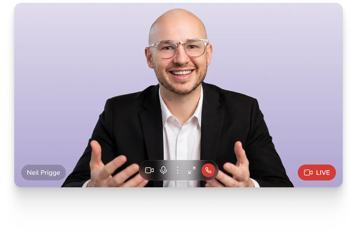 Neil Prigge hosting a live Q&A webinar on a video call