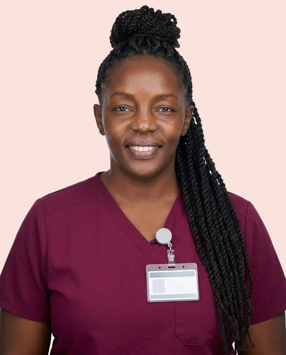 Catherine, a licensed practical nurse, smiling in burgundy scrubs with a badge clipped to her top