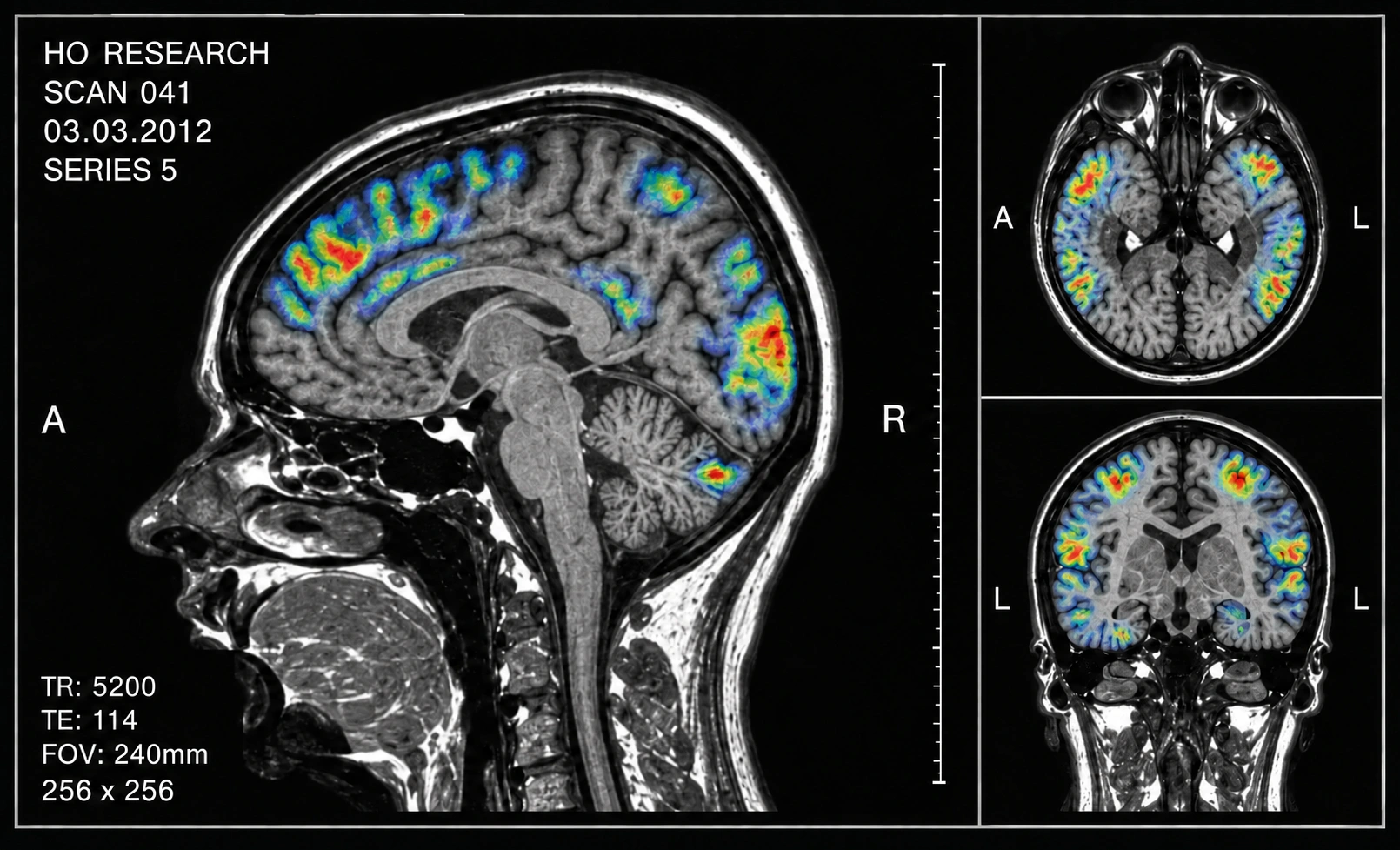 Enhanced archival brain scan panel with sagittal, axial and coronal views.