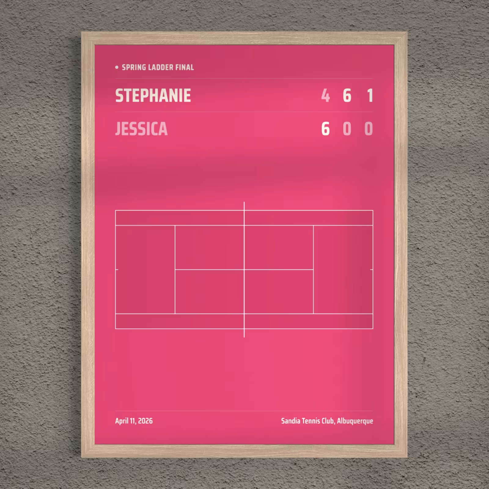 Framed pink tennis scoreboard poster of a spring ladder final