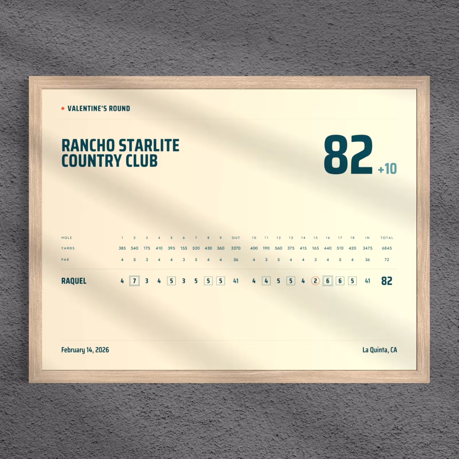 Framed golf scorecard poster of a Valentine's round